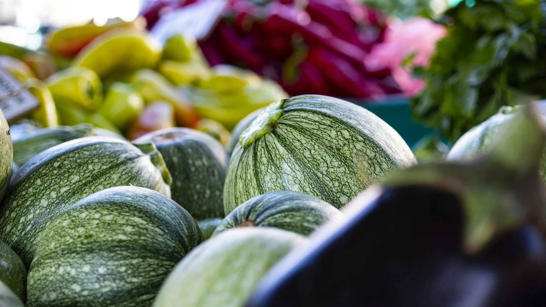 Puesto de mercado con melones y calabazas